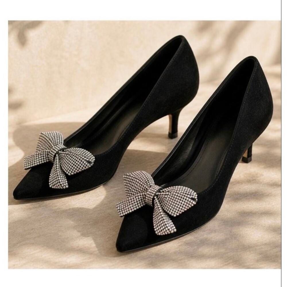 J.Crew Crystal Bow Kitten Heels 7.5 Black Suede Rhinestone Wedding Guest Pumps